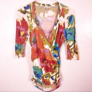 CAbi Multicolored Windowpane Wrap Fitted Blouse